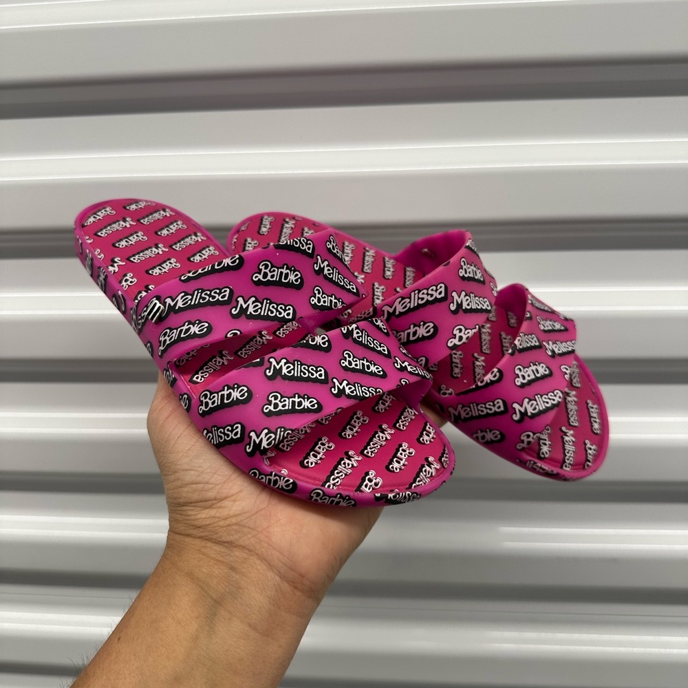 New- Melissa Barbie Logo Slide Sandals in Hot Pink